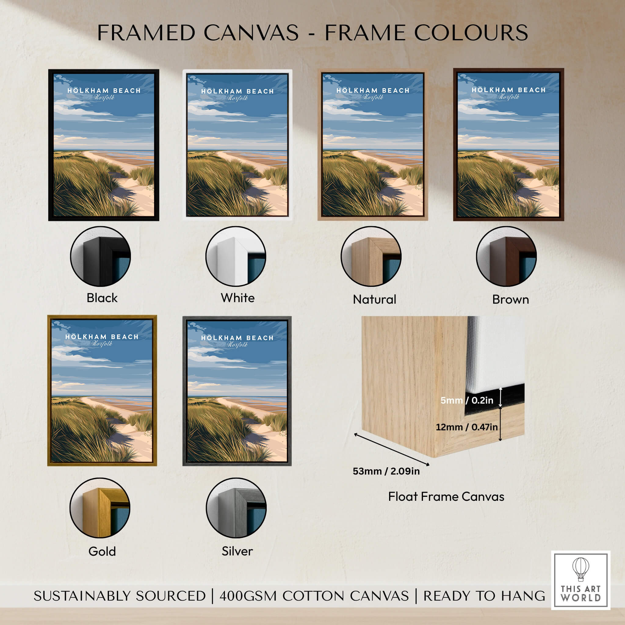 Holkham Beach Norfolk Travel Poster | Serene Beach Pathway Wall Art Print framed in various colors and styles.