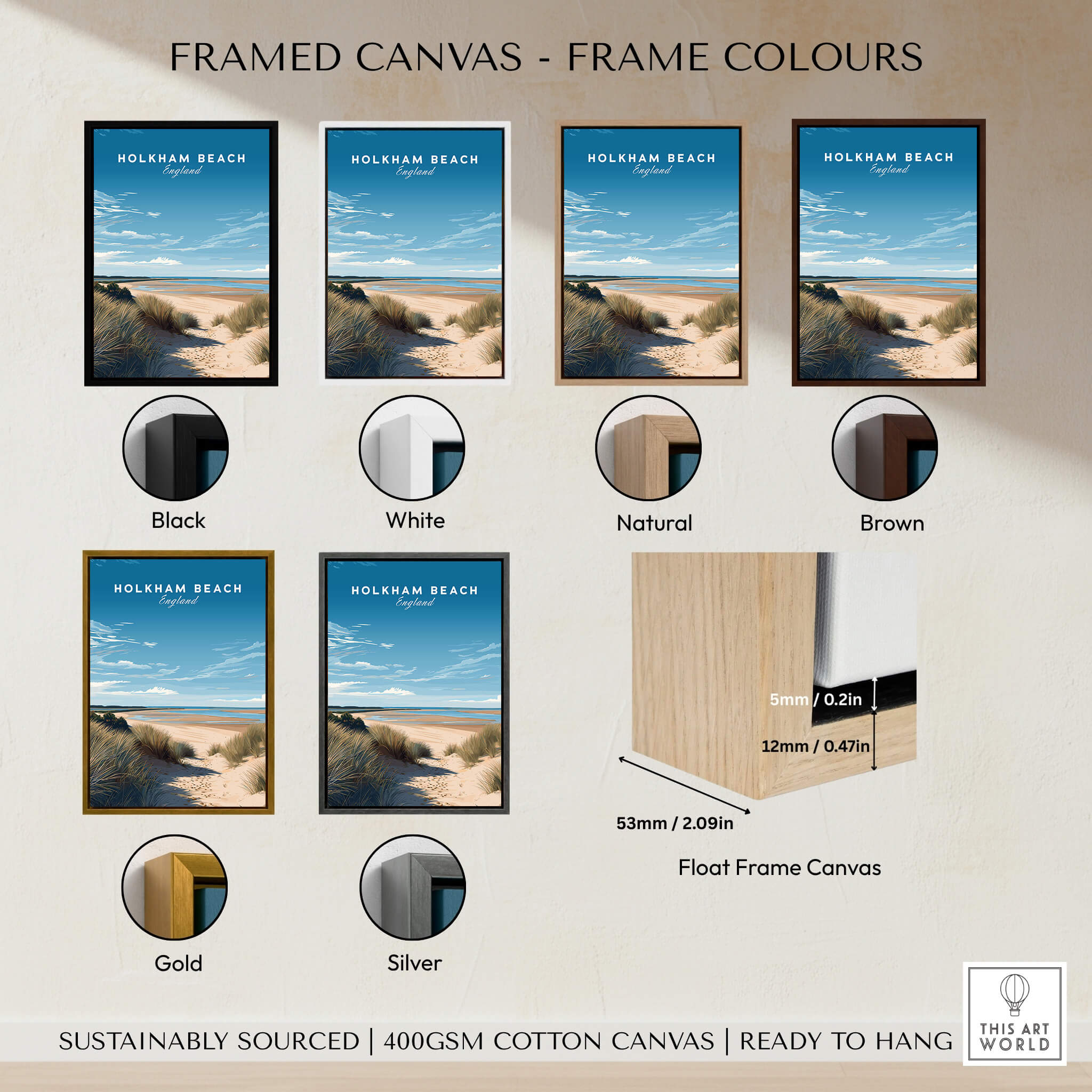Holkham Beach Norfolk Wall Art Print | British Beach Travel Poster framed canvas color options collage.
