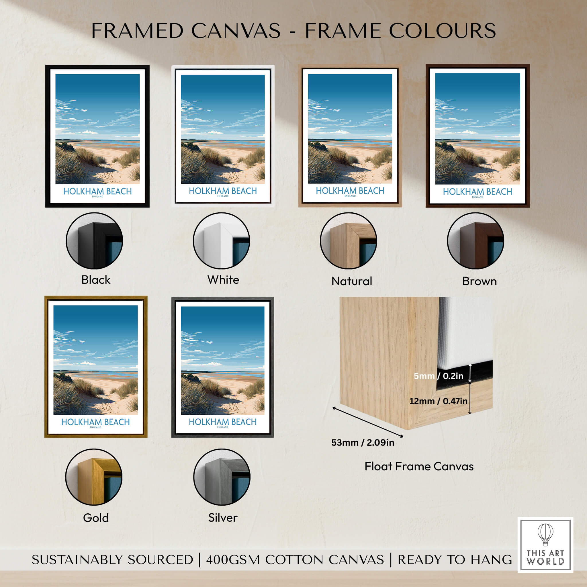 Holkham Beach Norfolk Poster | Serene Coastal Landscape Canvas Print in various frame colors including black, white, natural, brown, gold, and silver.