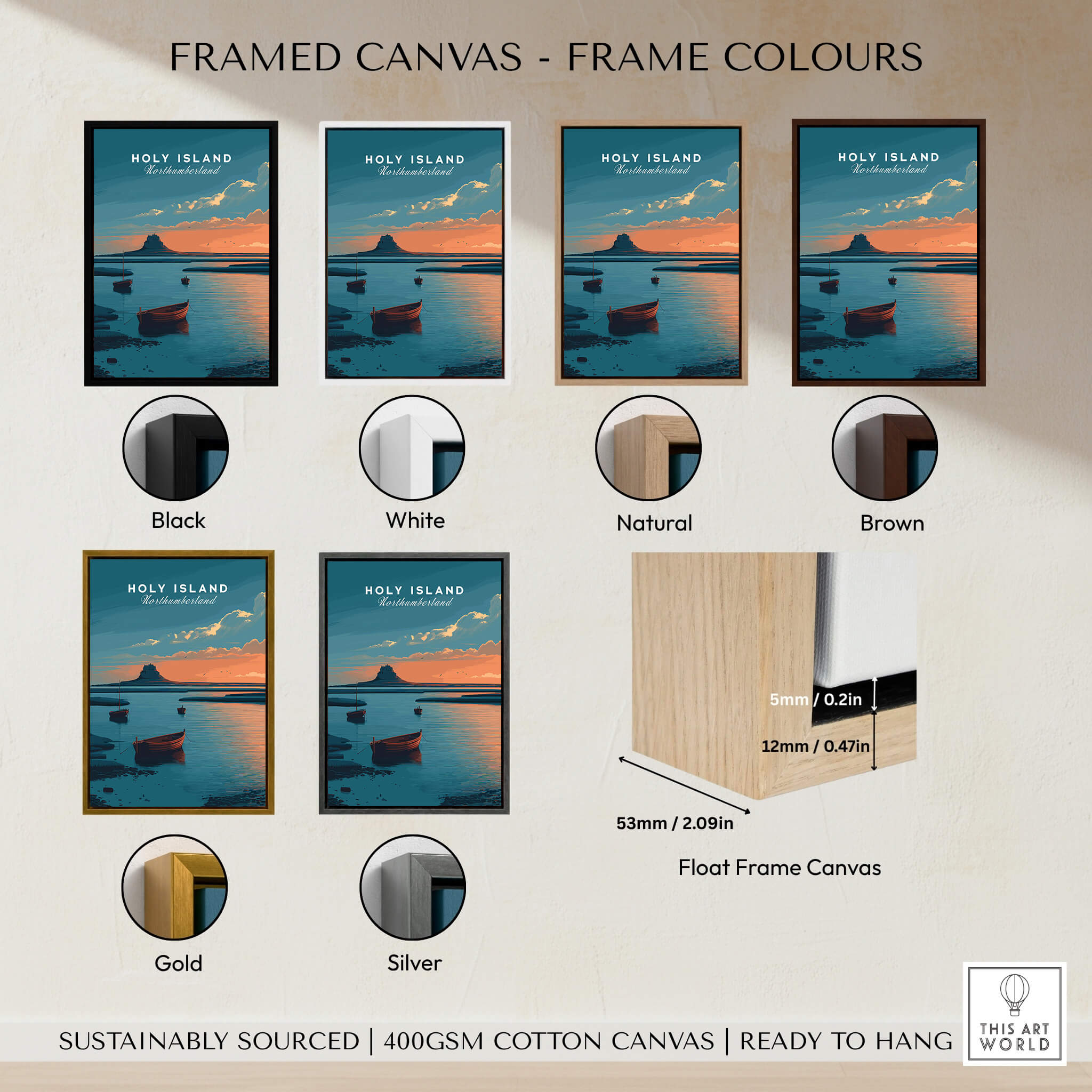 Framed canvas color options for Holy Island Northumberland Wall Art Print | Lindisfarne Sunset Travel Poster.