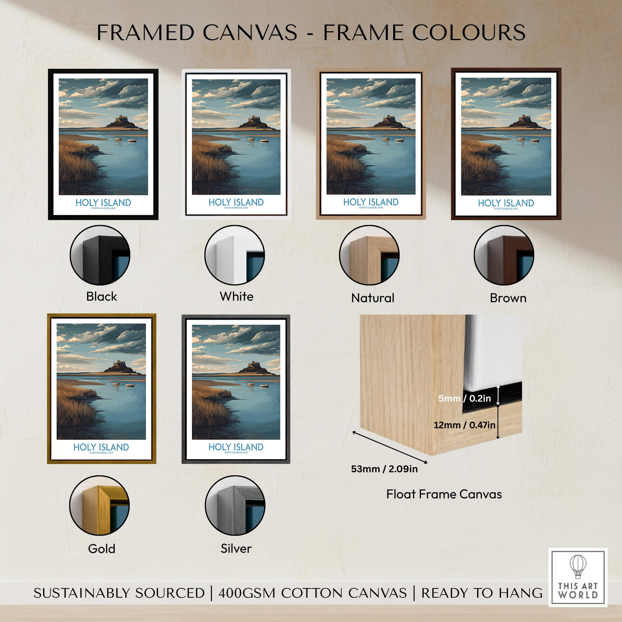 Framed Holy Island Northumberland Poster options in various colors, showcasing frame styles for Historic England Coast Canvas Print.