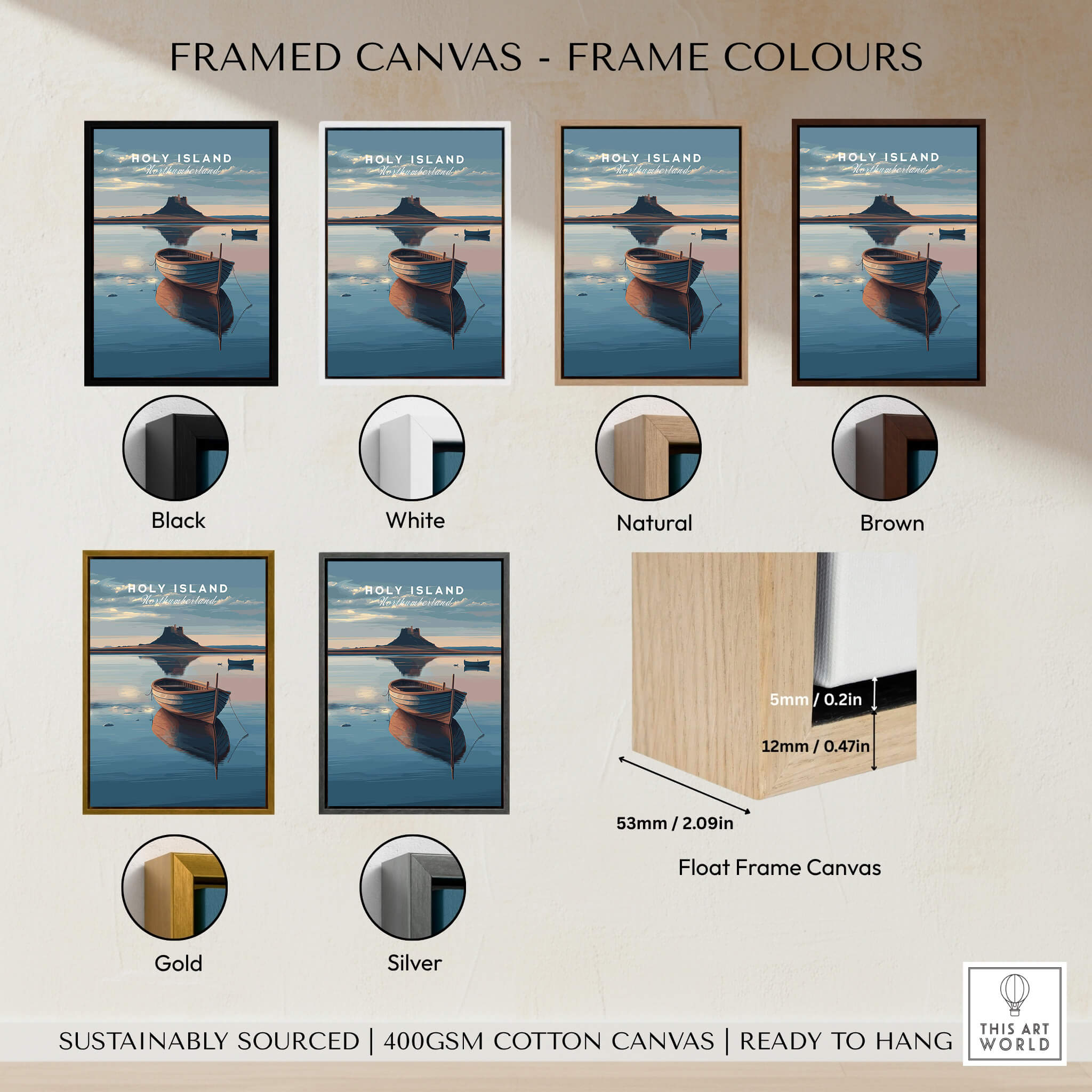 Holy Island Northumberland Wall Art Print | Serene Boat Scene Travel Poster framed canvas options in various colors.