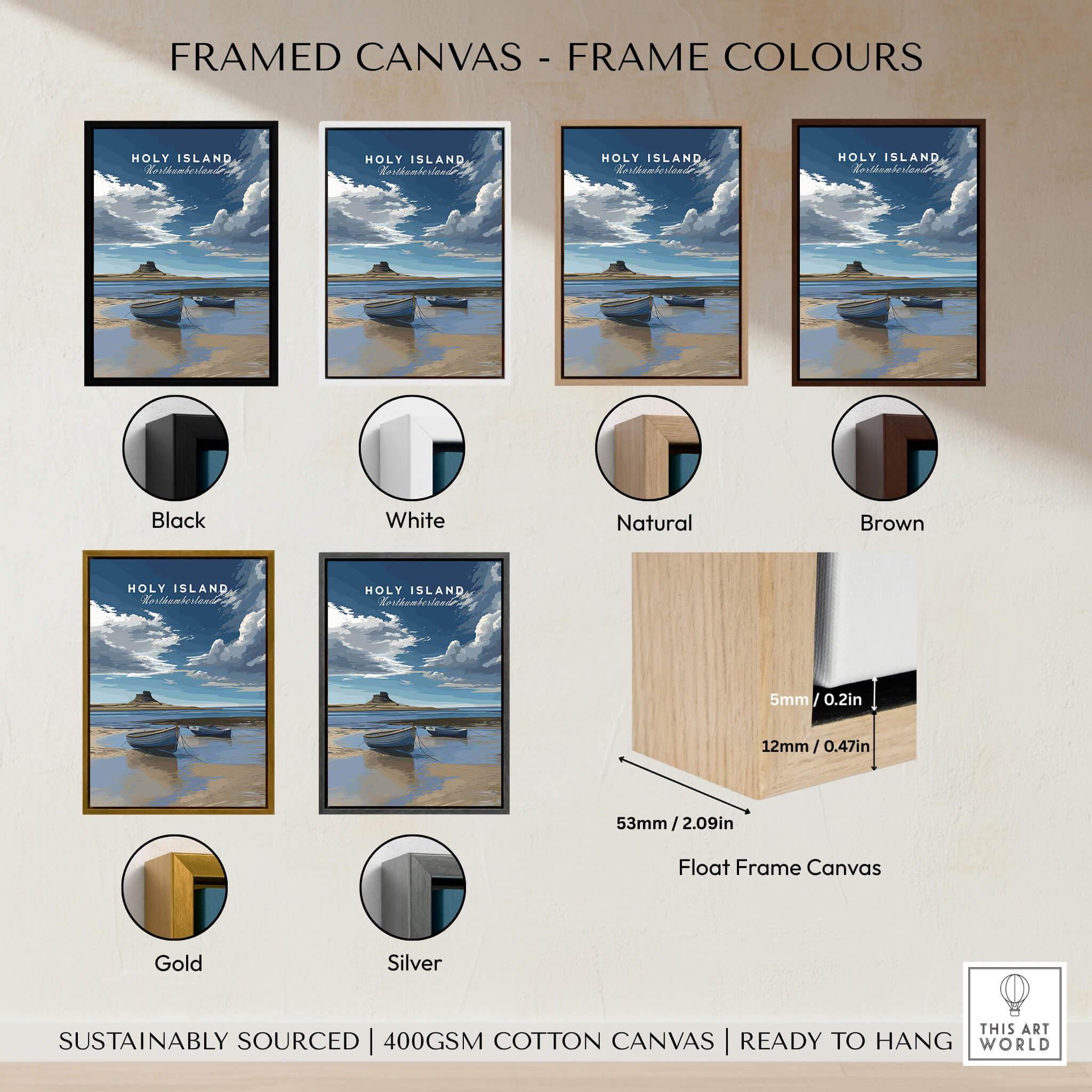 Holy Island Travel Poster Northumberland | Coastal Landscape Wall Art Print options in various frame colors.