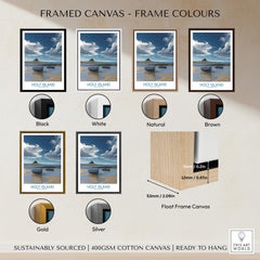 Framed canvas options for Holy Island Northumberland Poster | North Sea Coast Canvas Print in various colors.
