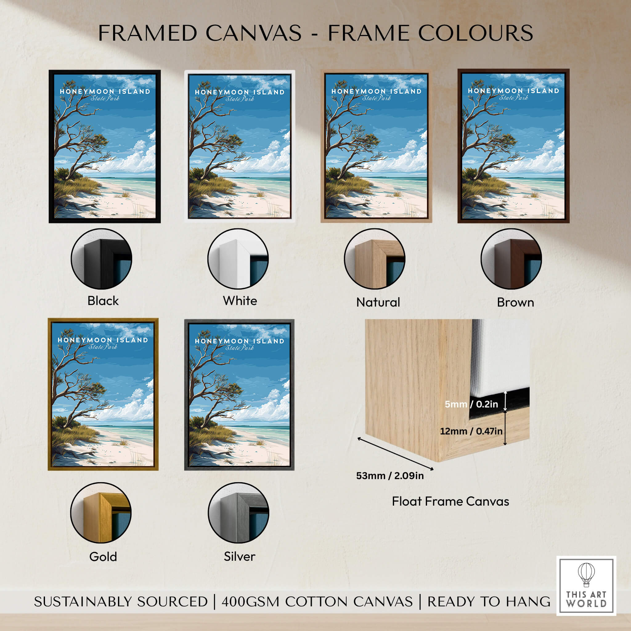 Honeymoon Island Wall Art Print | Florida Tropical Beach Travel Poster options with various frame colors.