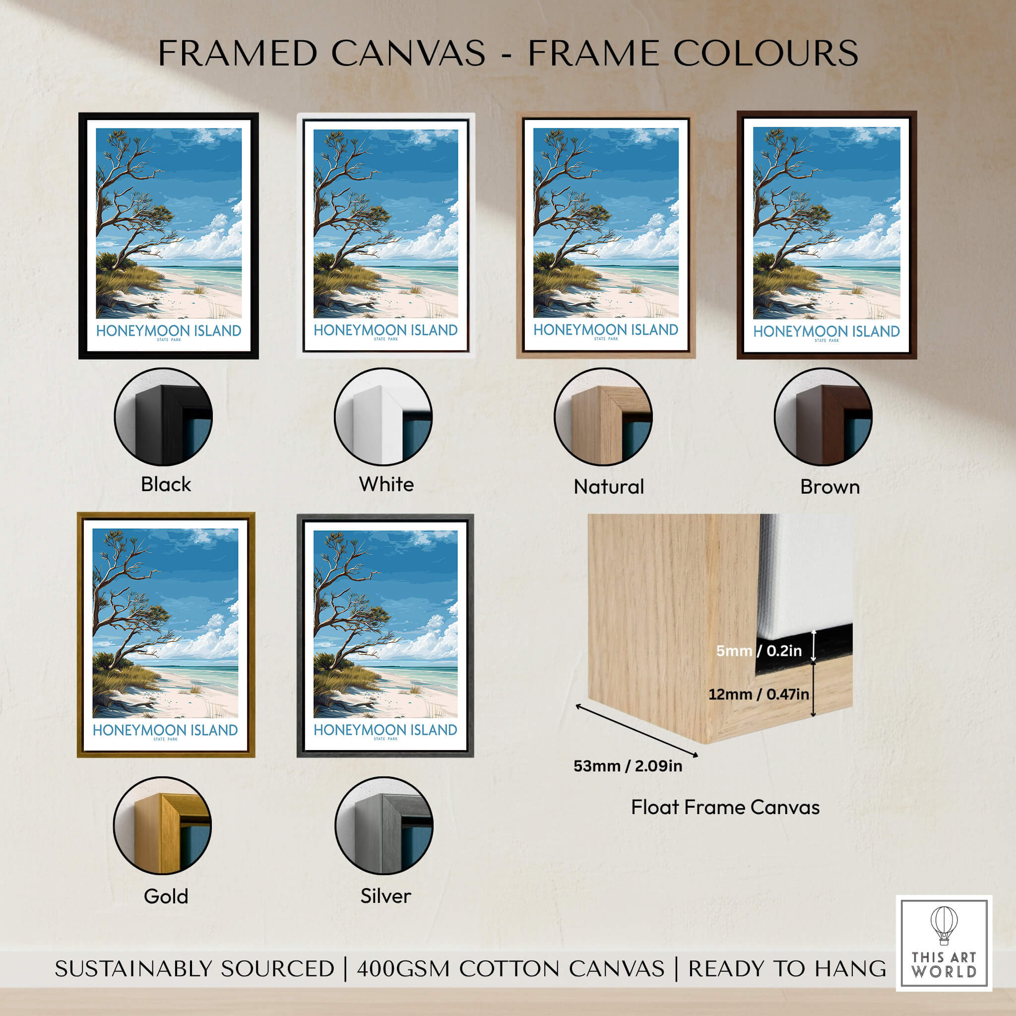 Framed canvas options for Honeymoon Island Poster | Florida State Park Coastline Canvas Print with various frame colors.