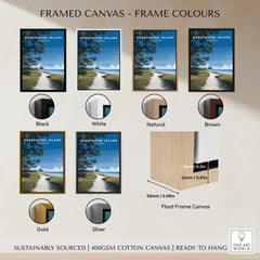 Honeymoon Island Wall Art Print | Florida Travel Poster samples showing frame colours: black, white, natural, brown, gold, and silver.