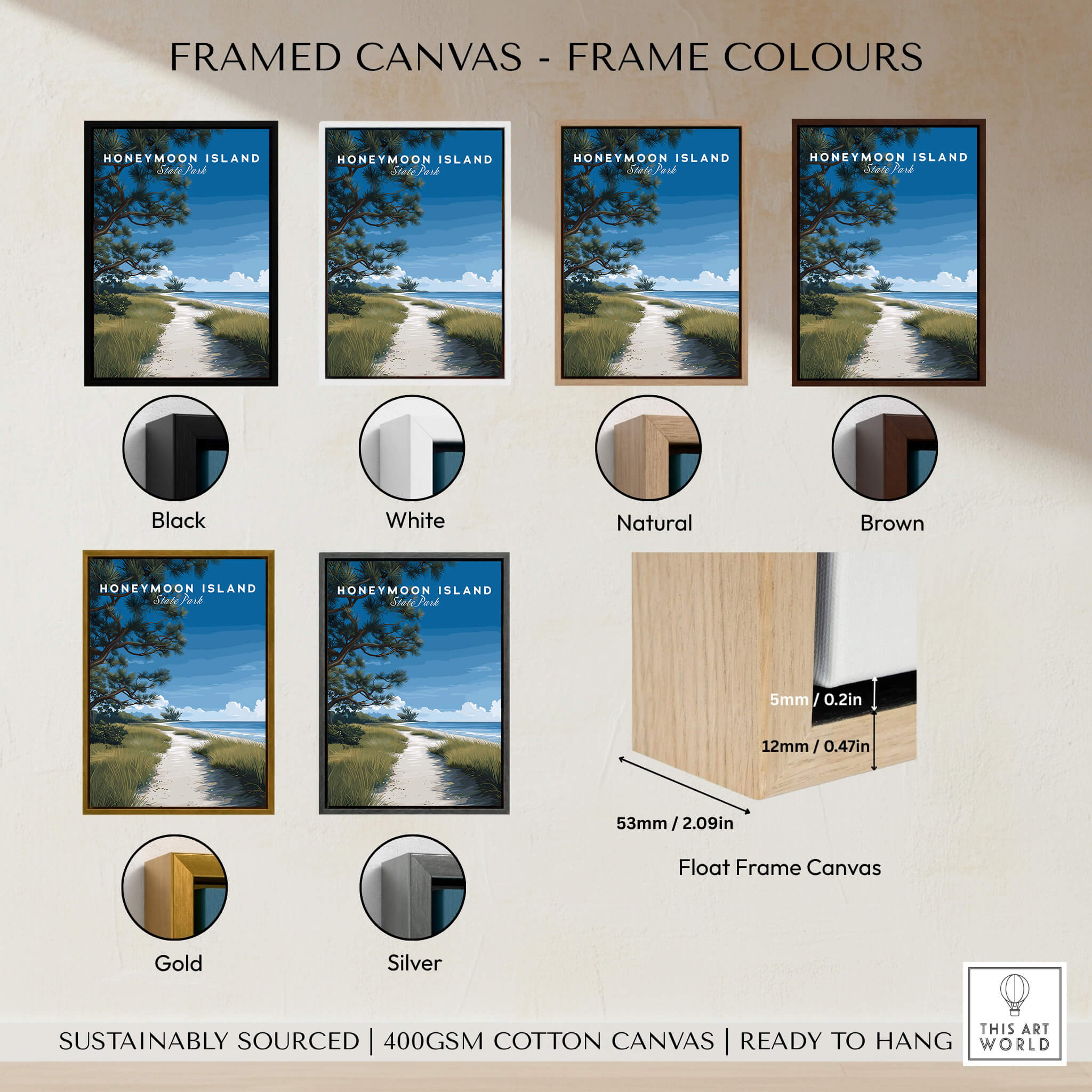 Honeymoon Island Wall Art Print | Florida Travel Poster samples showing frame colours: black, white, natural, brown, gold, and silver.