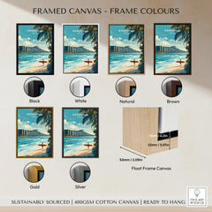 Framed canvas options for Honolulu Wall Art Print | Waikiki Beach Hawaii Travel Poster in various colors.