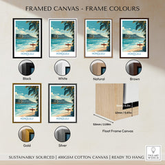 Framed canvas colors for Honolulu Poster | Hawaii Surfing Canvas Print showing different frame options.
