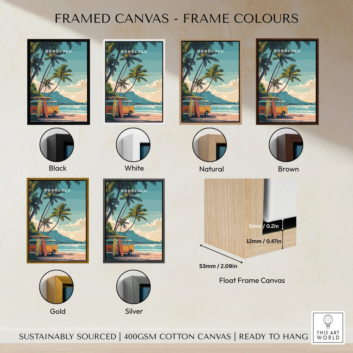 Honolulu Hawaii Travel Poster | Surf Van Beach Wall Art Print - Framed canvas options in various colors.