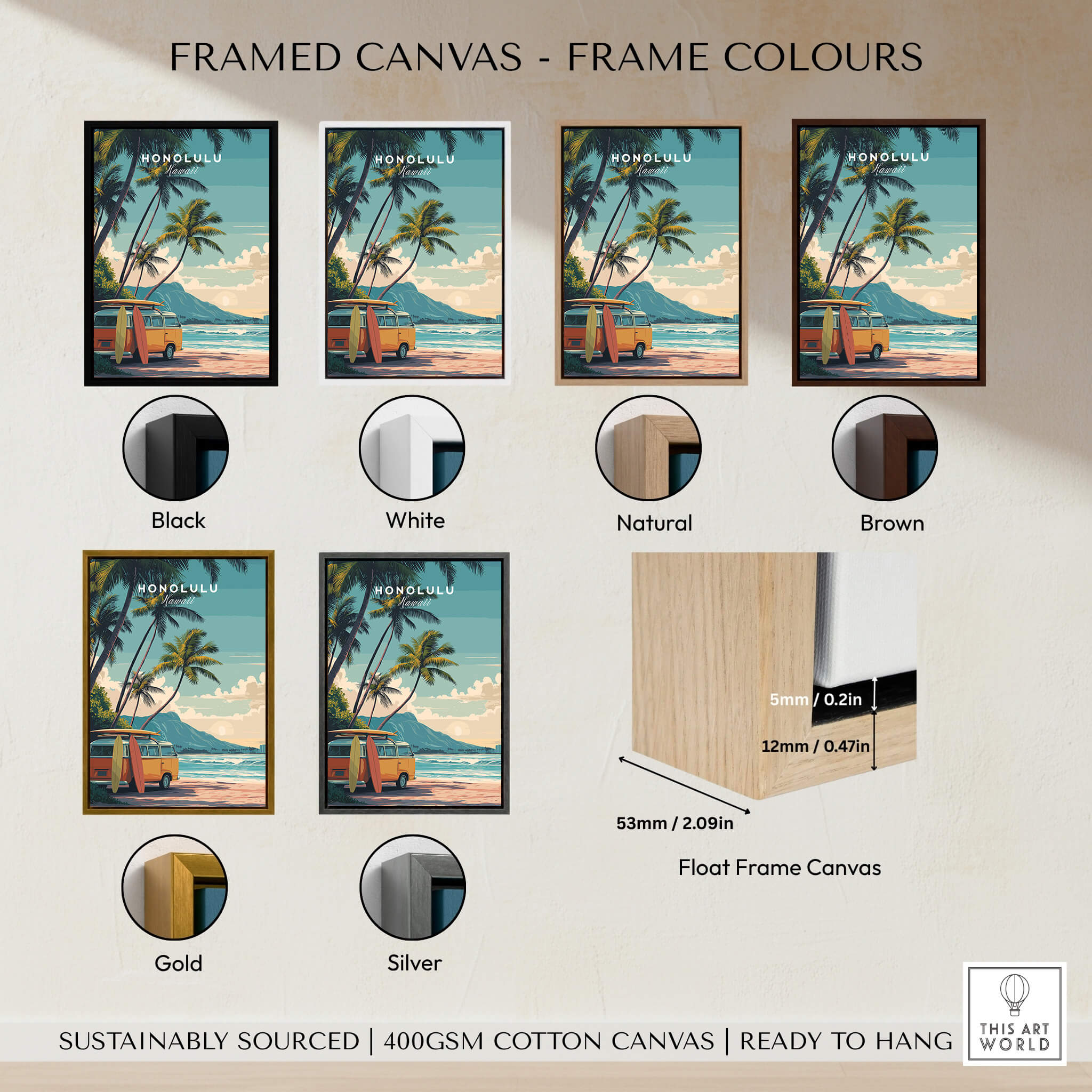 Honolulu Hawaii Travel Poster | Surf Van Beach Wall Art Print - Framed canvas options in various colors.