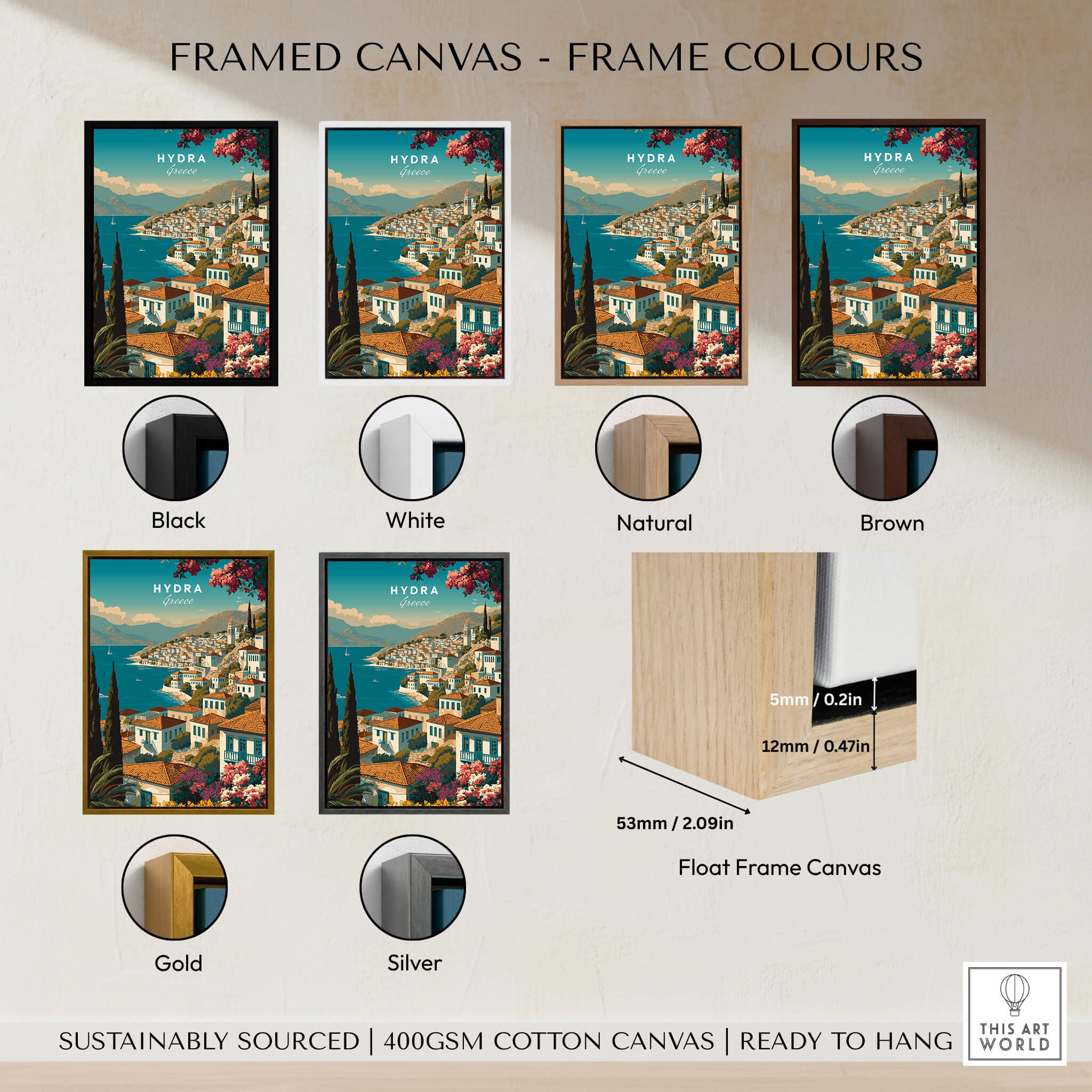 Hydra Greece Wall Art Print | Mediterranean Coastal Town Travel Poster framed canvas color options including black, white, natural, brown, gold, silver