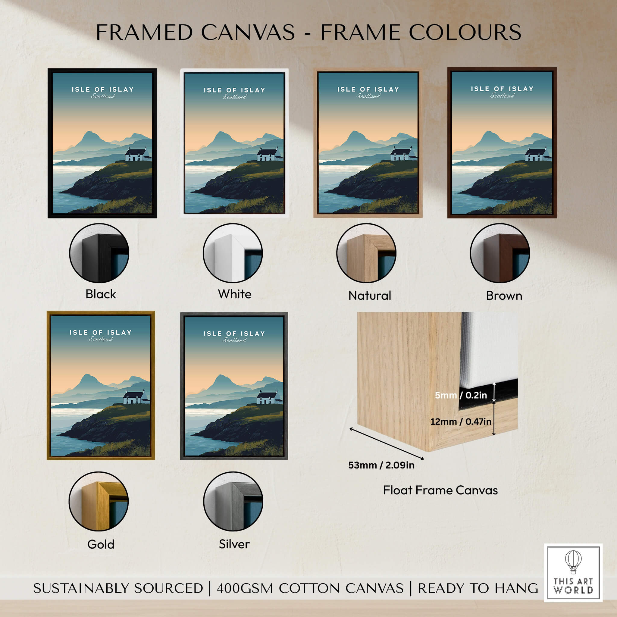 Framed canvas options for Isle of Islay Scotland Travel Poster in various colors including black, white, natural, brown, gold, and silver.