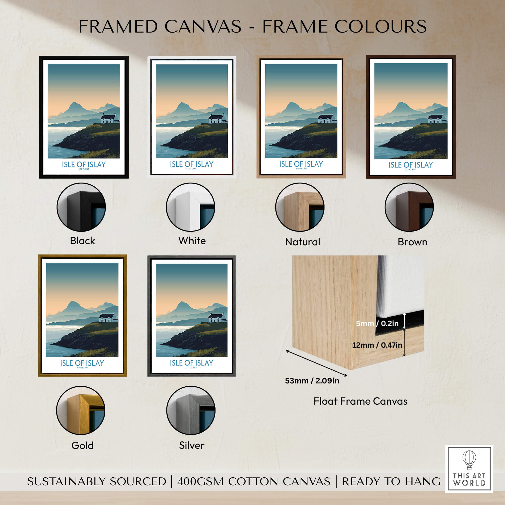 Isle of Islay Scotland Canvas & Art Print framed canvas color options including black, white, natural, brown, gold, and silver.