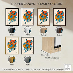 Framed canvas wall art with blue birds and orange sun, shown in six frame colors: black, white, natural, brown, gold, silver.