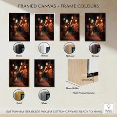 Framed canvas wall art of a lantern-lit Japanese street shown in six frame color options: black, white, natural, brown, gold, and silver.