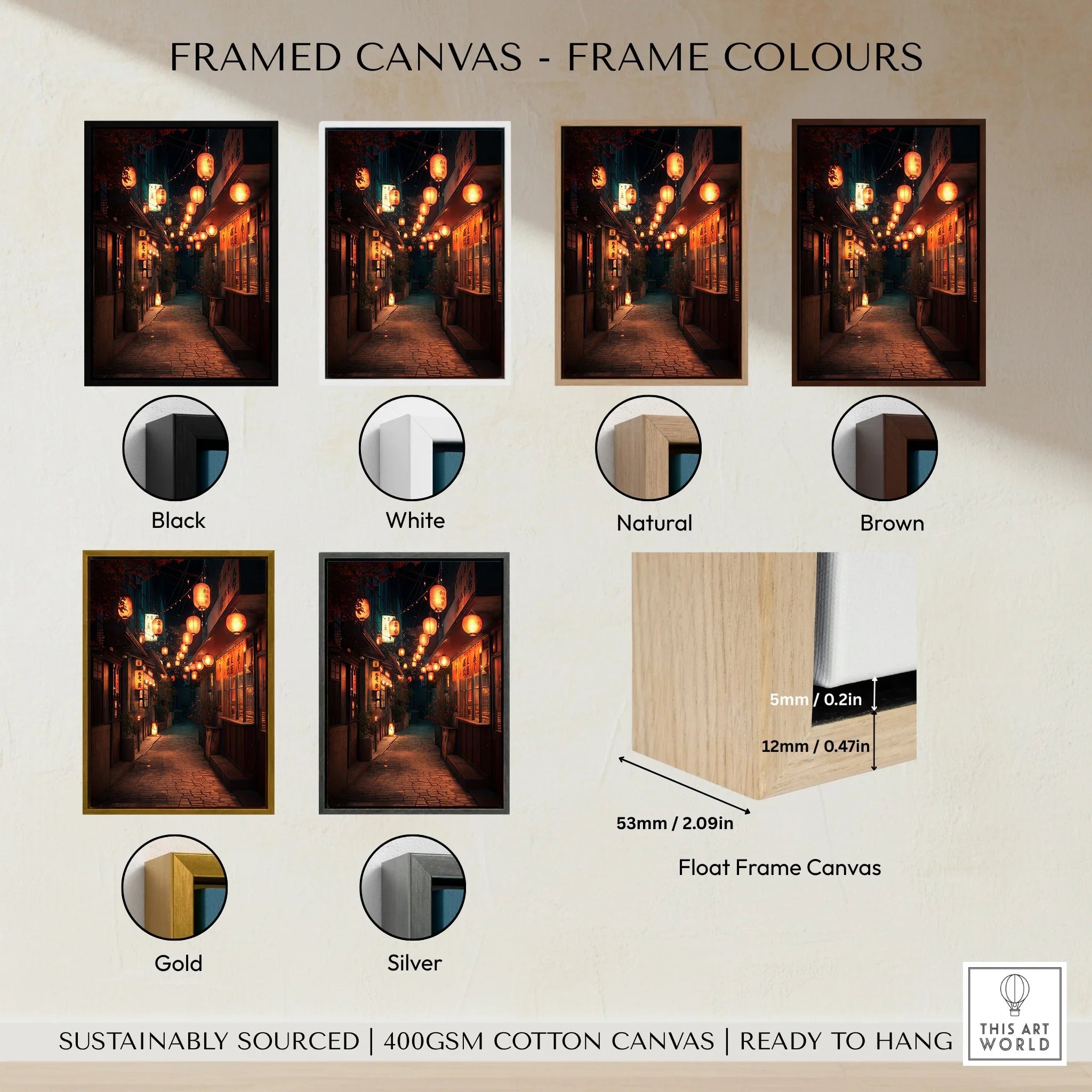 Framed canvas wall art of a lantern-lit Japanese street shown in six frame color options: black, white, natural, brown, gold, and silver.