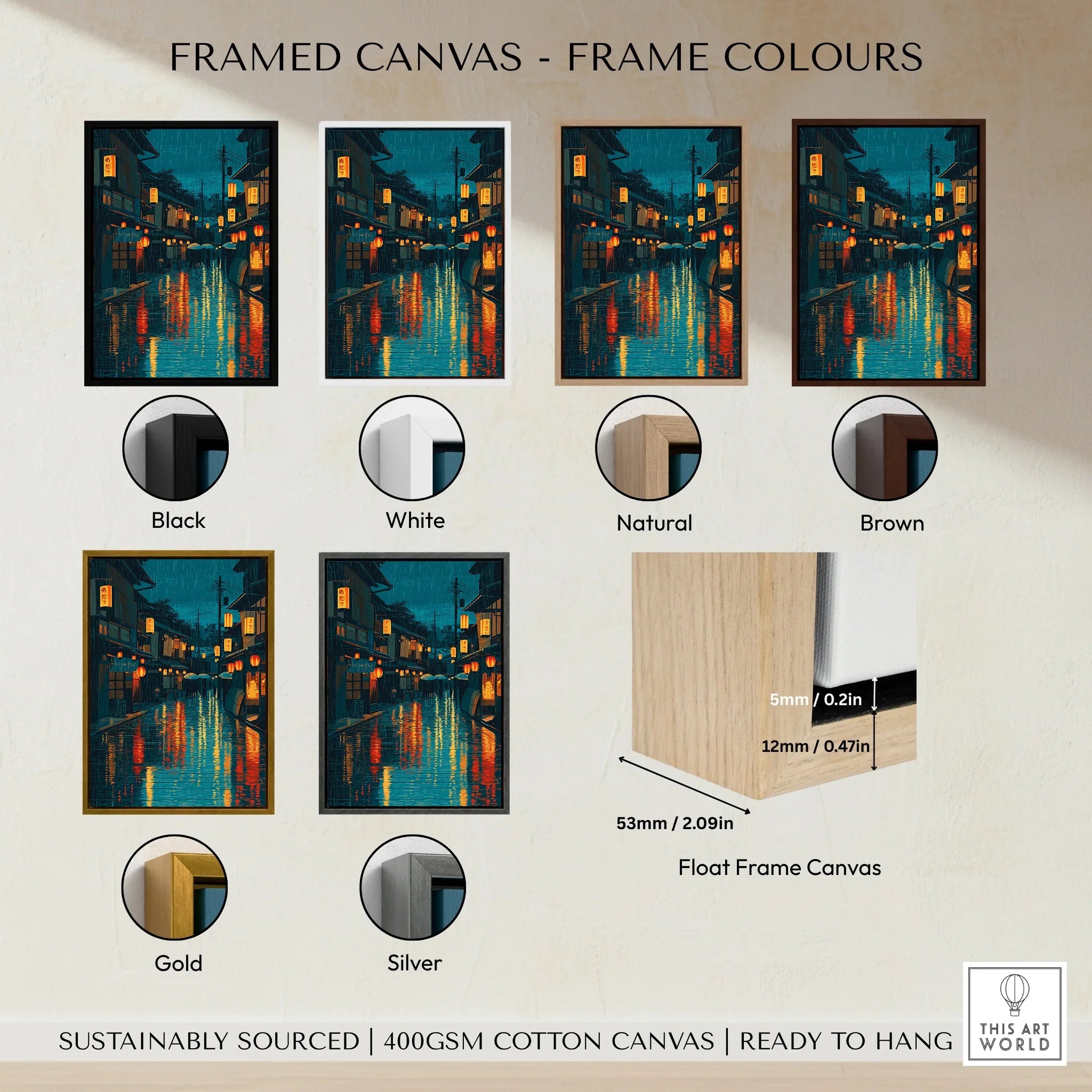 Framed canvas wall art of a rainy Japanese street at night with six frame color options