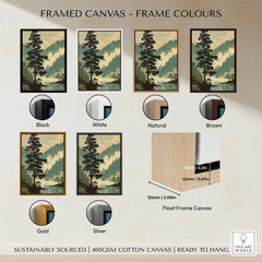 Japanese woodblock landscape framed canvas with six frame color options: black, white, natural, brown, gold, silver.