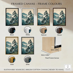 Framed canvas wall art of green forest and mountains, shown with six frame colour options
