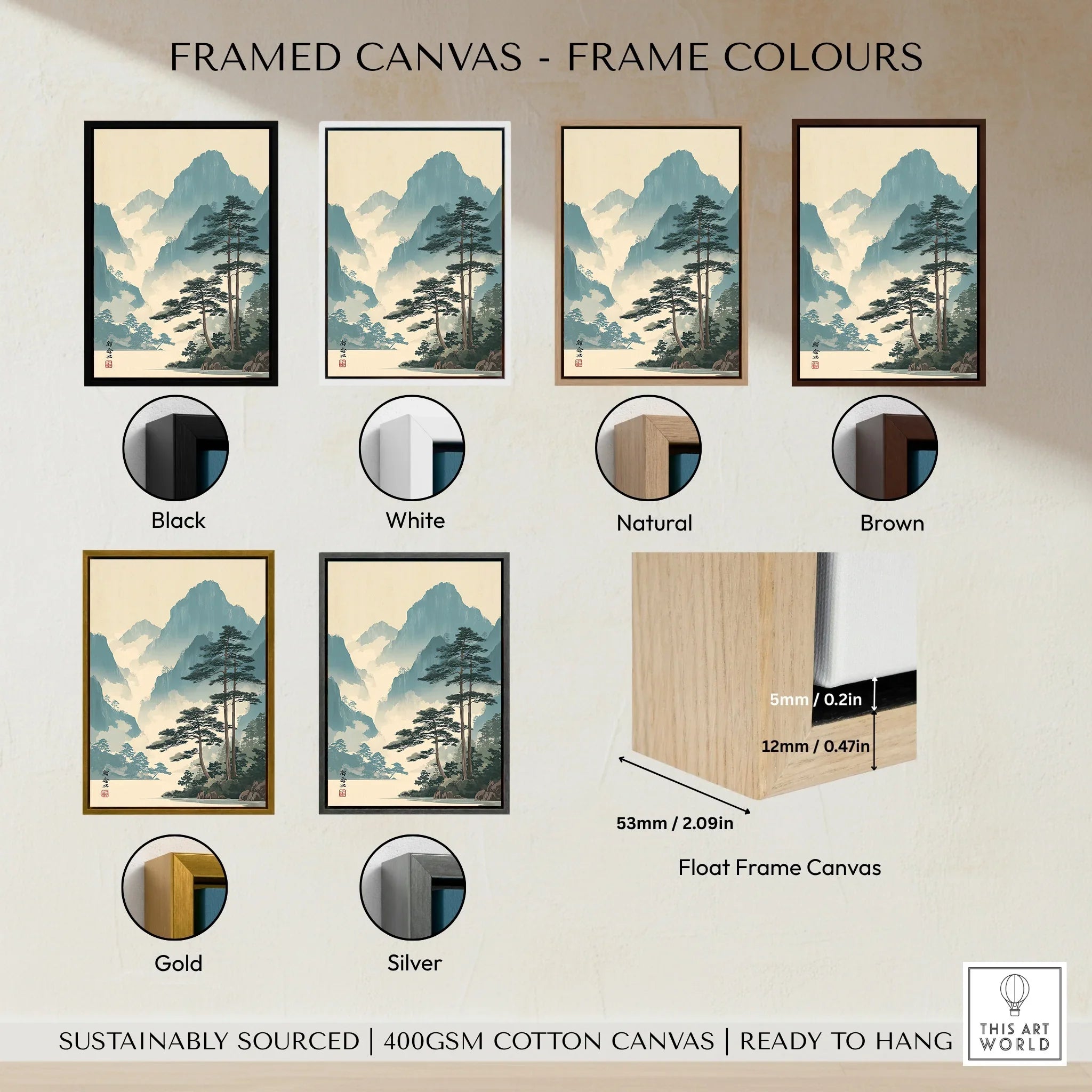 Japanese mountain landscape canvas art with six frame color options: black, white, natural, brown, gold, silver.