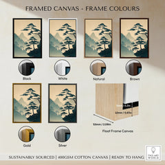 Japanese woodblock style mountain wall art with six frame color options: black, white, natural, brown, gold, and silver.