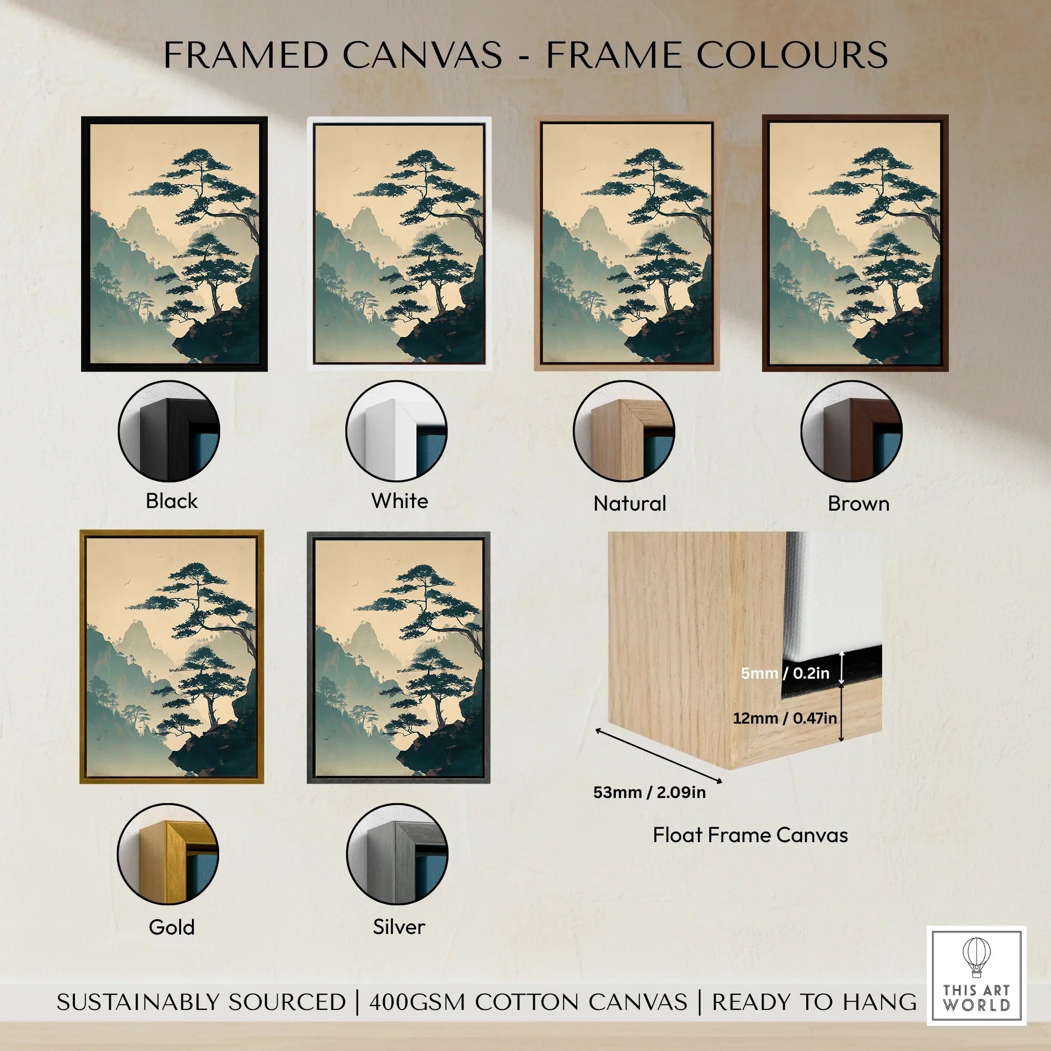 Japanese woodblock style mountain wall art with six frame color options: black, white, natural, brown, gold, and silver.
