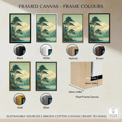 Japanese mountain landscape wall art showing float frame canvas in black, white, natural, brown, gold, and silver frame options.