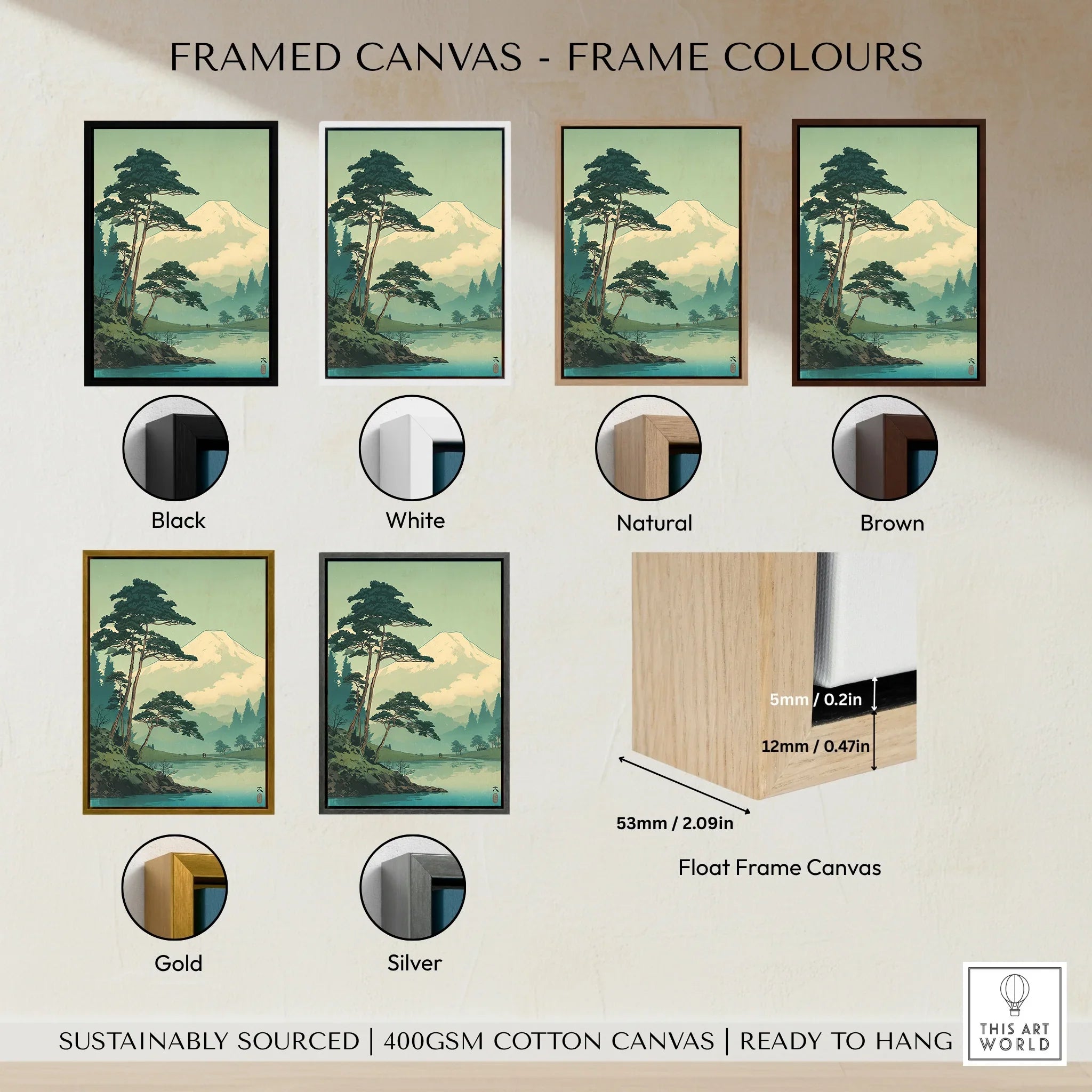 Japanese mountain landscape wall art showing float frame canvas in black, white, natural, brown, gold, and silver frame options.
