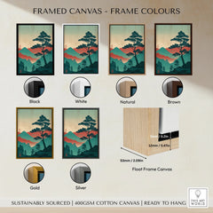 Framed canvas Japanese woodblock art with six frame color options: black, white, natural, brown, gold, silver.
