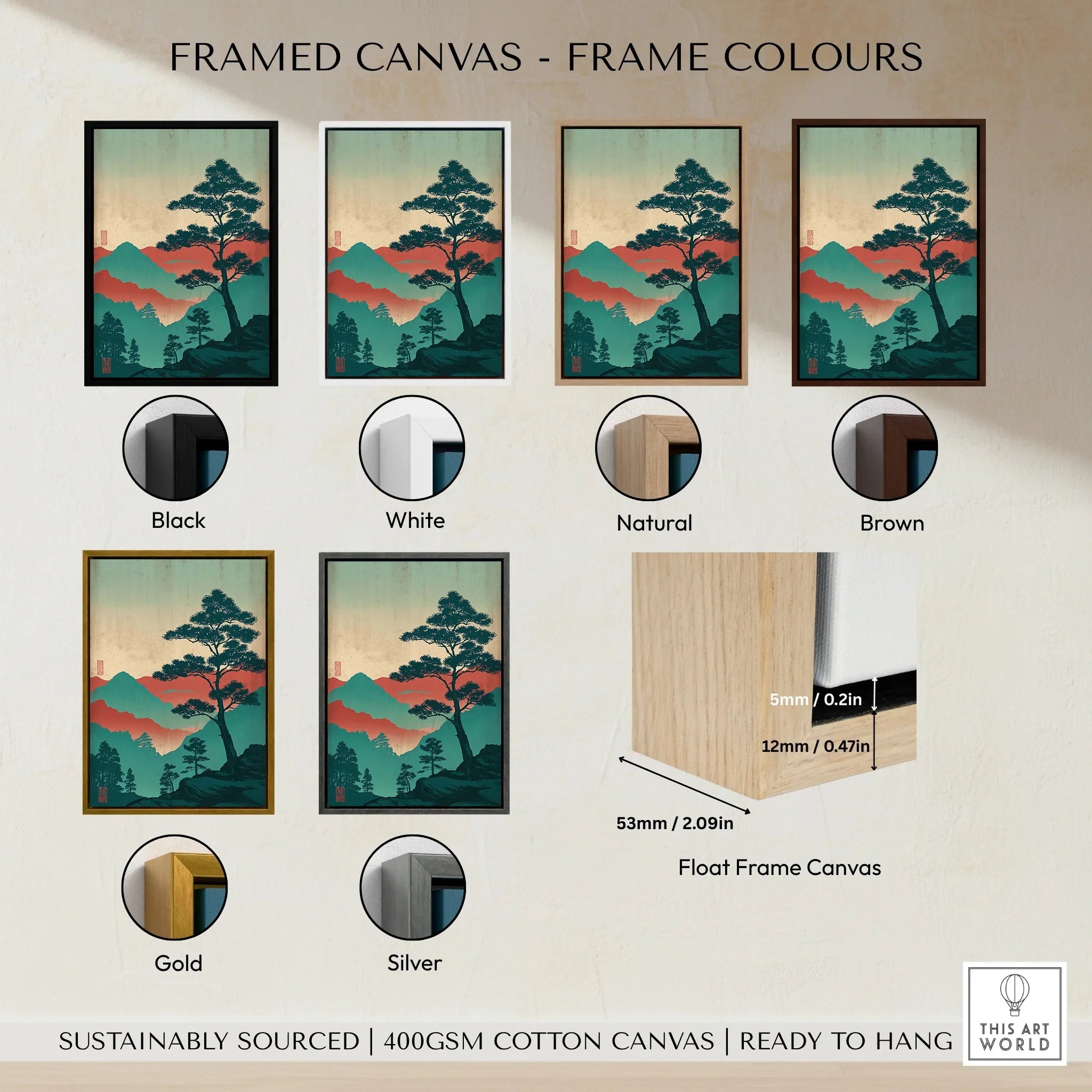 Framed canvas Japanese woodblock art with six frame color options: black, white, natural, brown, gold, silver.