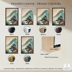 Japanese woodblock mountain landscape canvas print in six frame color options: black, white, natural, brown, gold, silver.