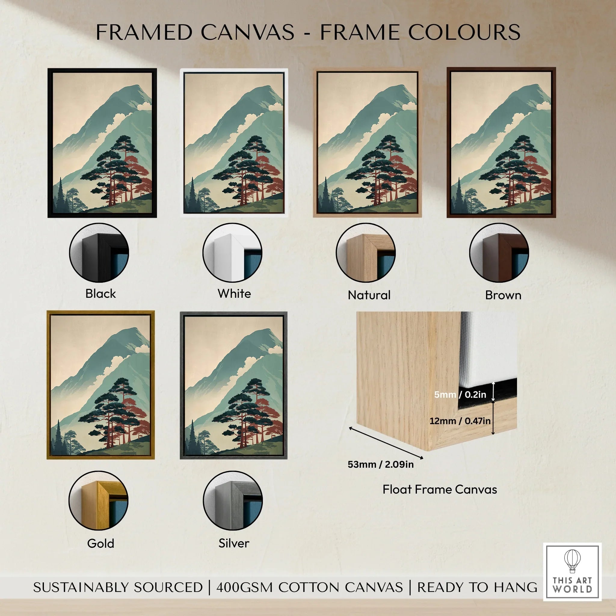 Japanese woodblock mountain landscape canvas print in six frame color options: black, white, natural, brown, gold, silver.
