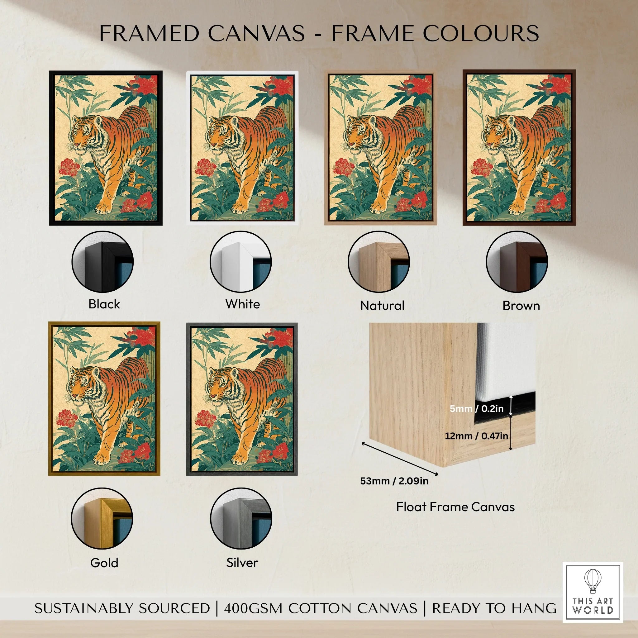 Japanese tiger wall art canvas print with six frame color options, including black, white, natural, brown, gold, and silver float frames.