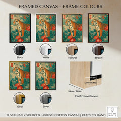 Japanese tiger canvas wall art with six frame color options: black, white, natural, brown, gold, silver.