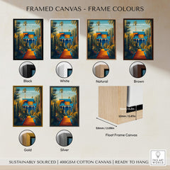 Jardim Majorelle Marrakesh Wall Art Print | Moroccan Blue Garden Travel Posters displayed in various frame colors.