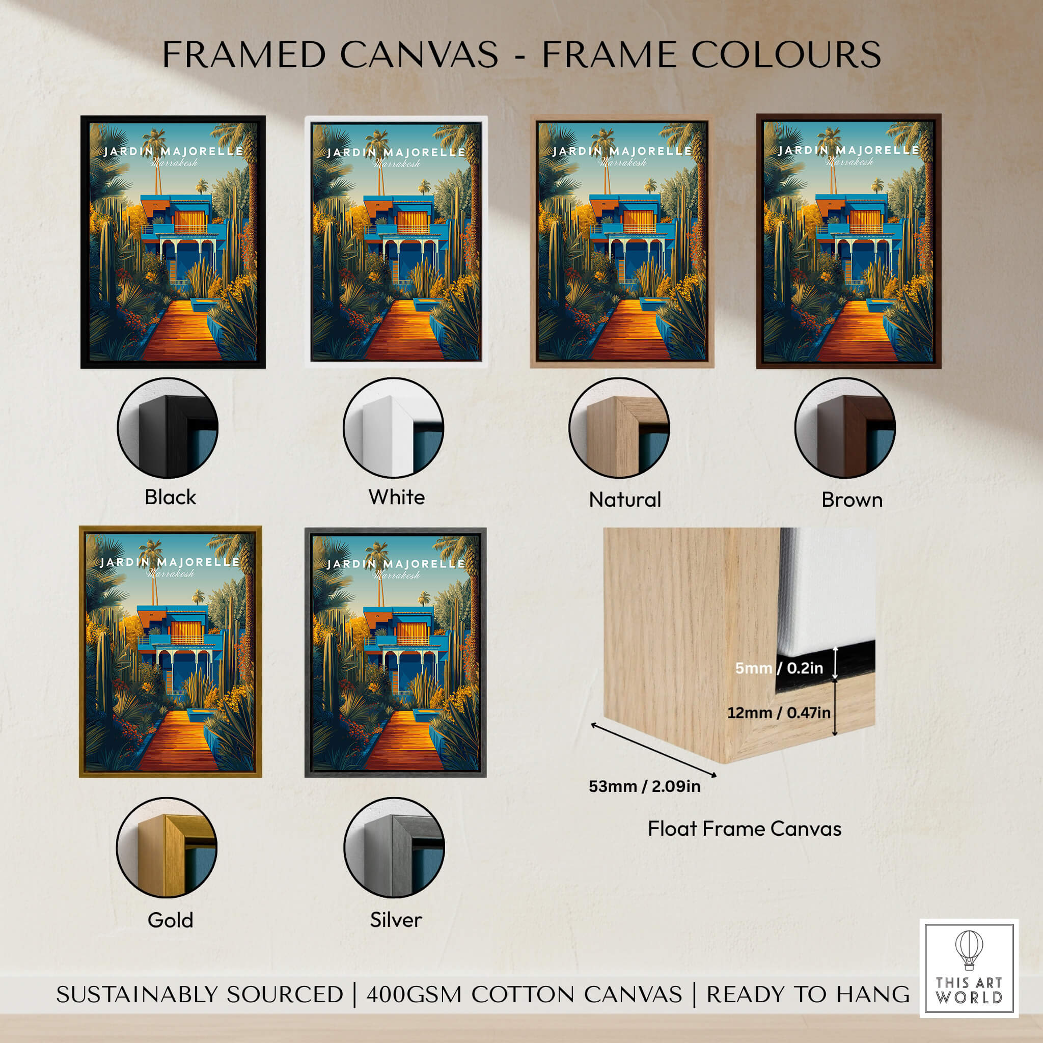 Jardim Majorelle Marrakesh Wall Art Print | Moroccan Blue Garden Travel Posters displayed in various frame colors.