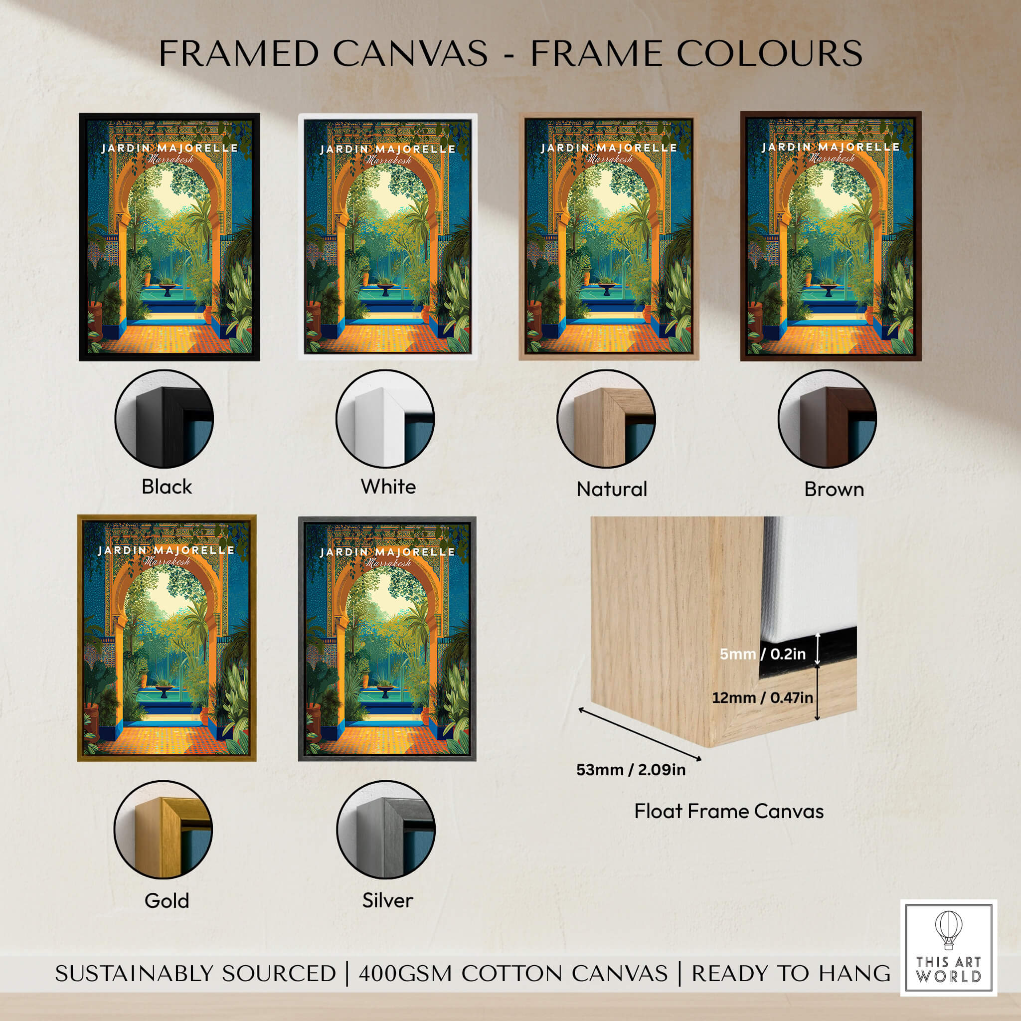 Jardim Majorelle Marrakesh Travel Posters | Moroccan Archway Garden Wall Art Print framed in various colors.