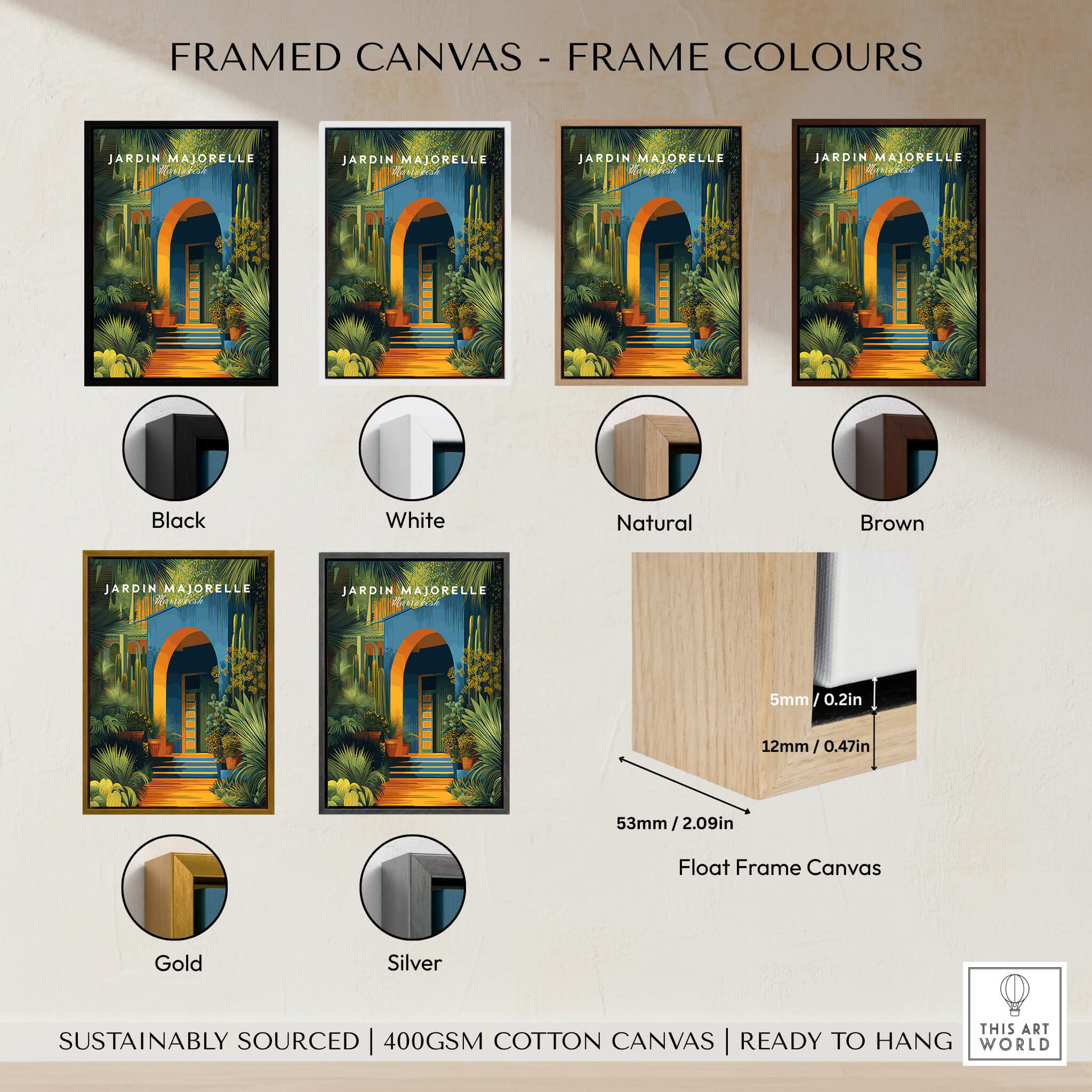 Jardim Majorelle Marrakesh Wall Art Print | Botanical Moroccan Villa Travel Poster with various frame color options.