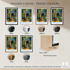 Jardim Majorelle Marrakesh Posters | Canvas Print showcasing various frame colors including black, white, natural, brown, gold, and silver.