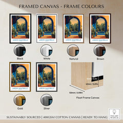 Jardim Majorelle Marrakesh Canvas Print | Exotic Plant & Architecture Posters frame color options including black, white, natural, brown, gold, and silver.
