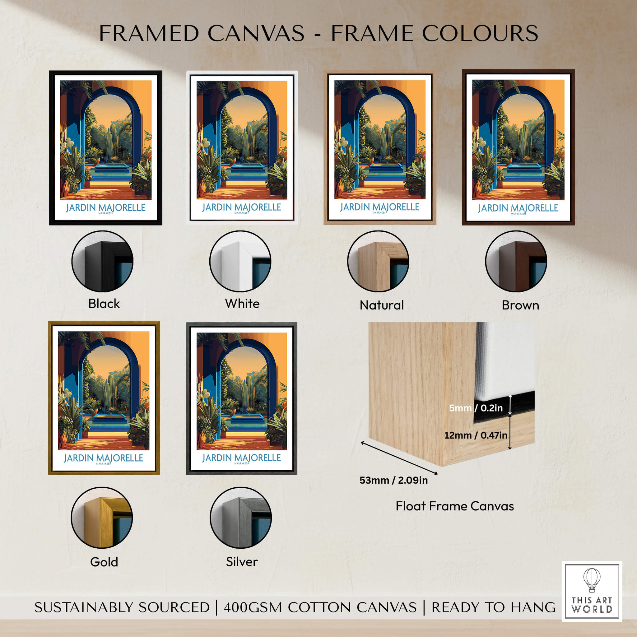 Jardim Majorelle Marrakesh Canvas Print | Exotic Plant & Architecture Posters frame color options including black, white, natural, brown, gold, and silver.
