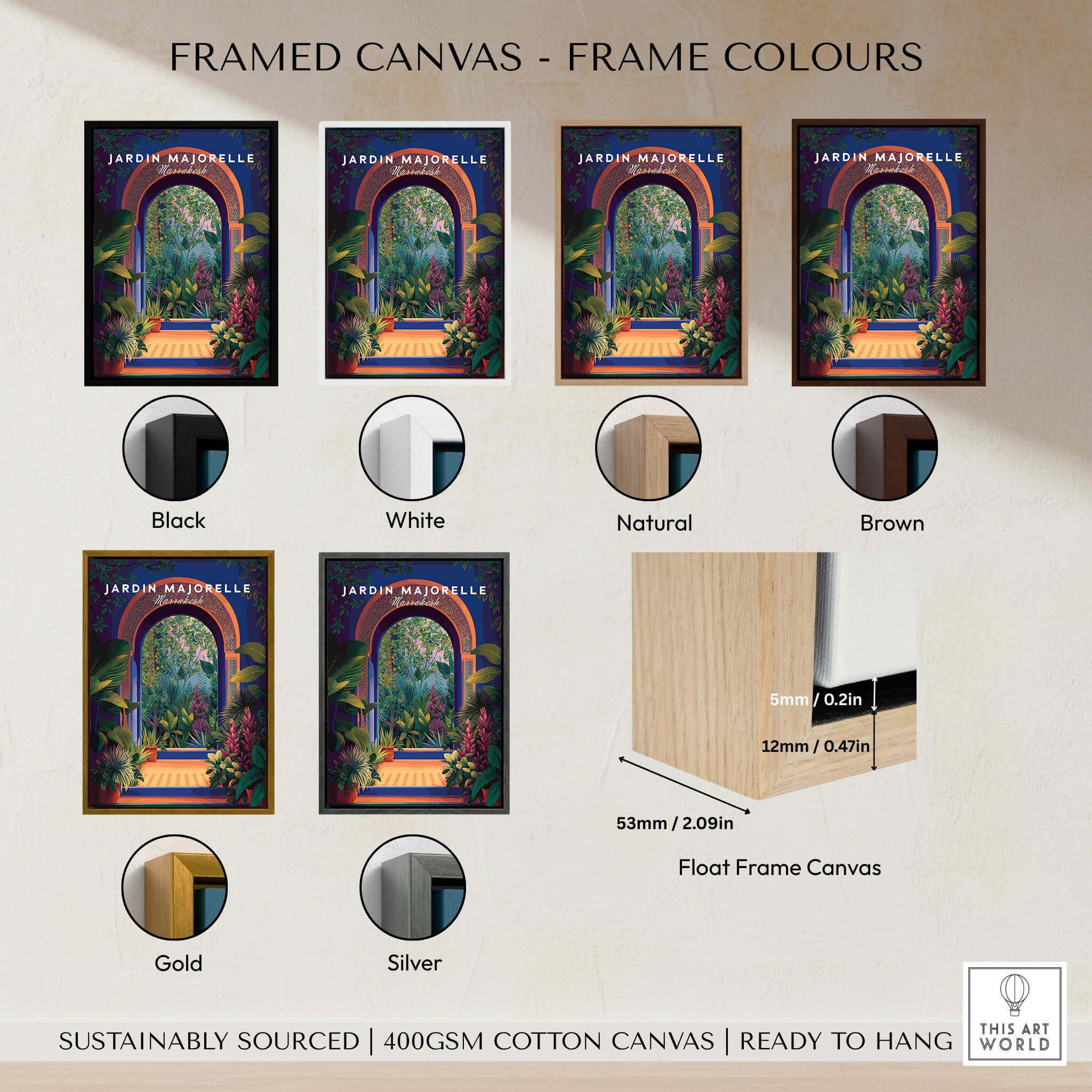 Jardim Majorelle Marrakesh Travel Poster | Lush Tropical Garden Wall Art Print framed in various color options.