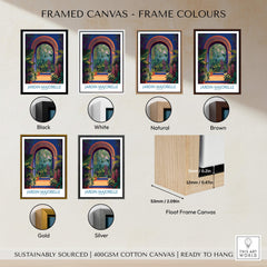 Framed canvas options for Jardim Majorelle Marrakesh Canvas Print | Colorful Moroccan Landscape Poster in various colors.