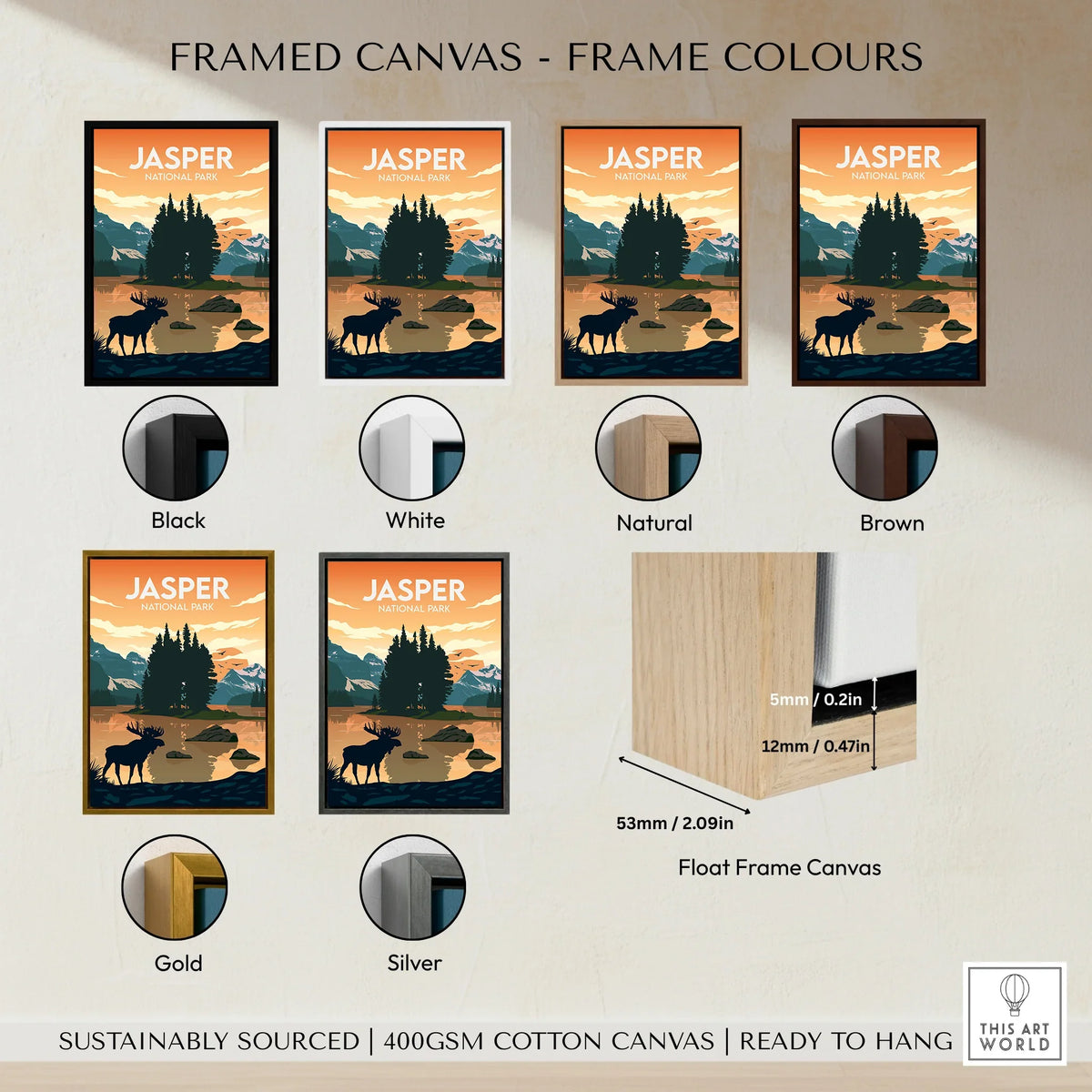 Jasper National Park travel poster in six frame color options: black, white, natural, brown, gold, silver.