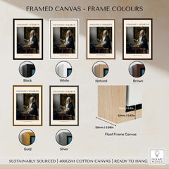 Framed canvas options for Johannes Vermeer Woman Holding a Balance 1662 Dutch Baroque Art Print Poster in various colors