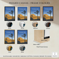 Framed Joshua Tree National Park art print with six frame color options: black, white, natural, brown, gold, silver.