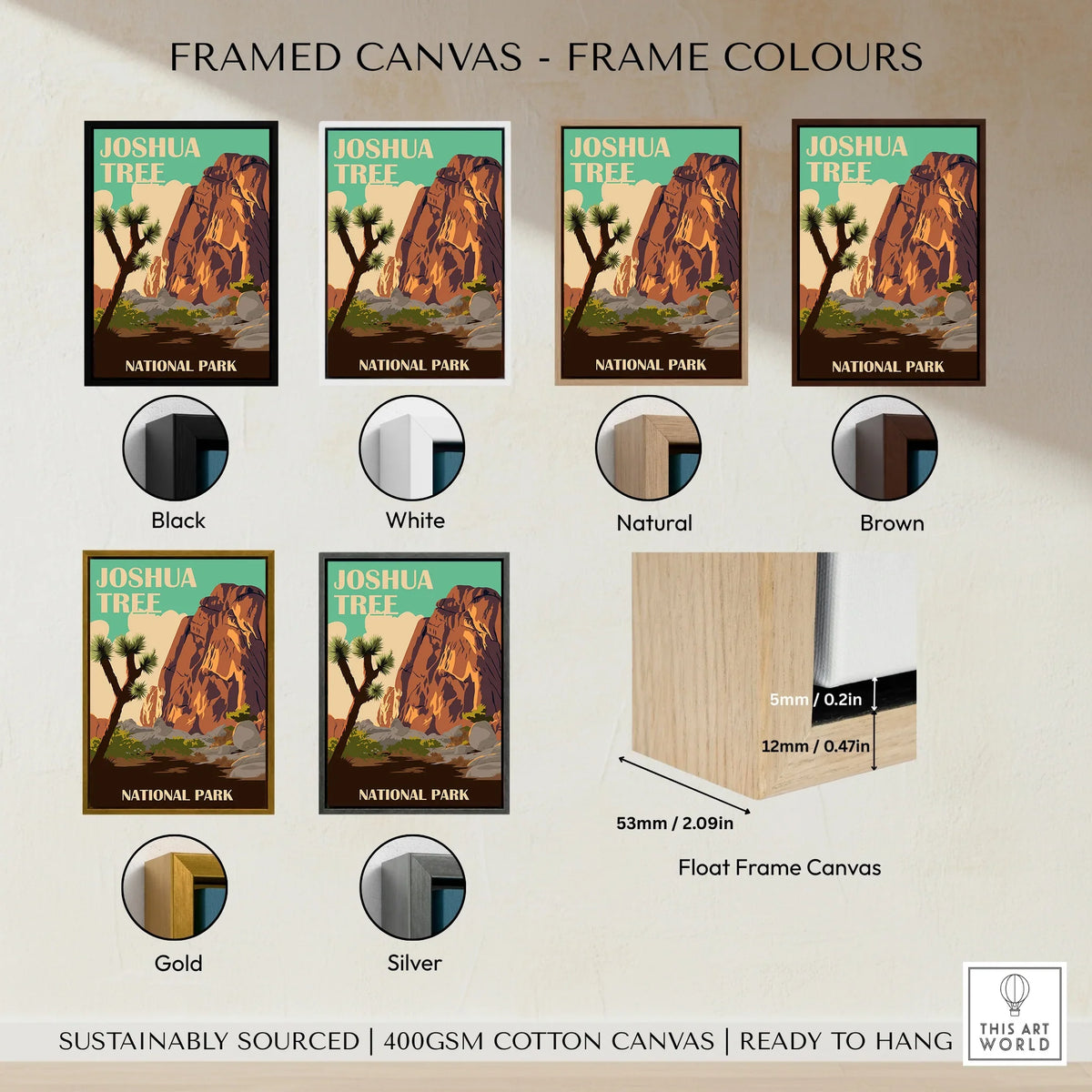 Joshua Tree National Park art print in various framed canvas color options: black, white, natural, brown, gold, silver.