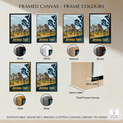 Joshua Tree National Park framed canvas print in six frame color options, float frame detail shown.